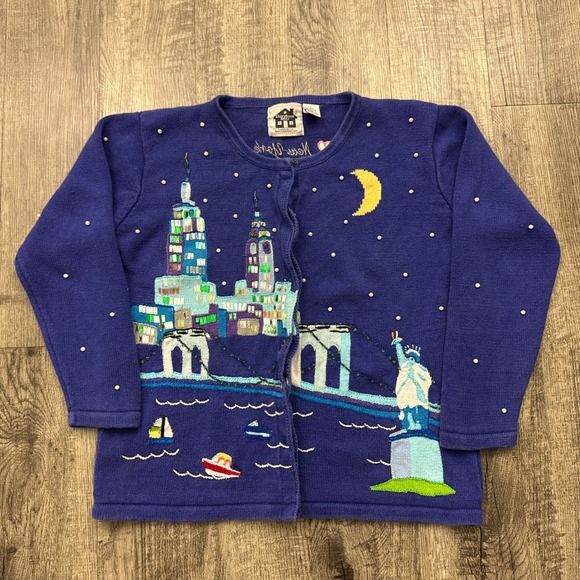 Storybook Knits Sweaters - Vintage Storybook Knits New York City Statue Of Liberty Cardigan Sweater Sz L